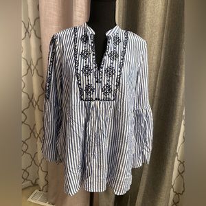 LOFT Women's Tunic Blue & White Striped Pullover Blouse Boho M PETITE NEW!